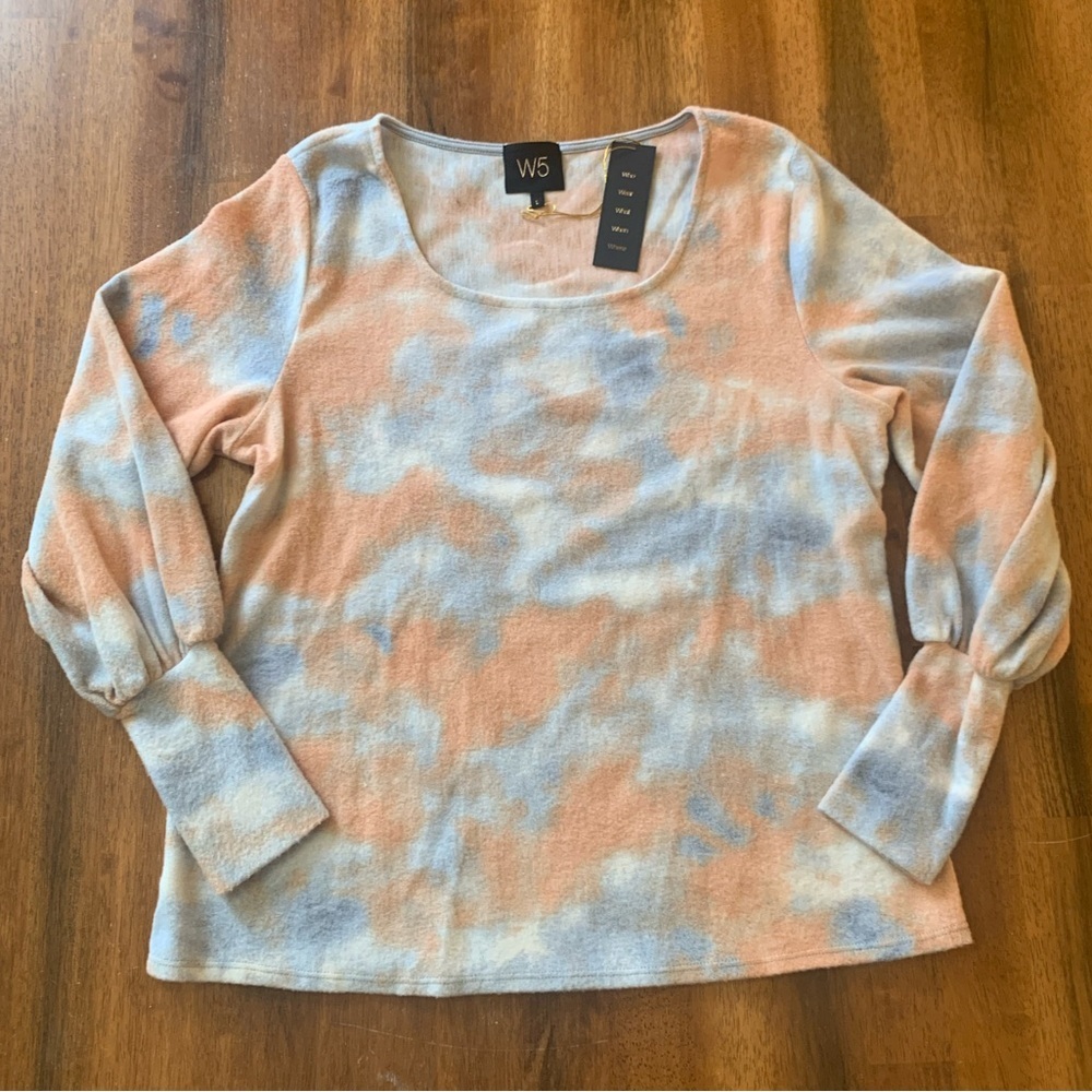 W5 top NWT Large Peach Blue Bishop Sleeve Blanket Soft casual tie dye boat neck